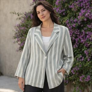 Bryn Walker SZ XL 100% Linen Single Button Lightweight Blazer-Gray White Stripe